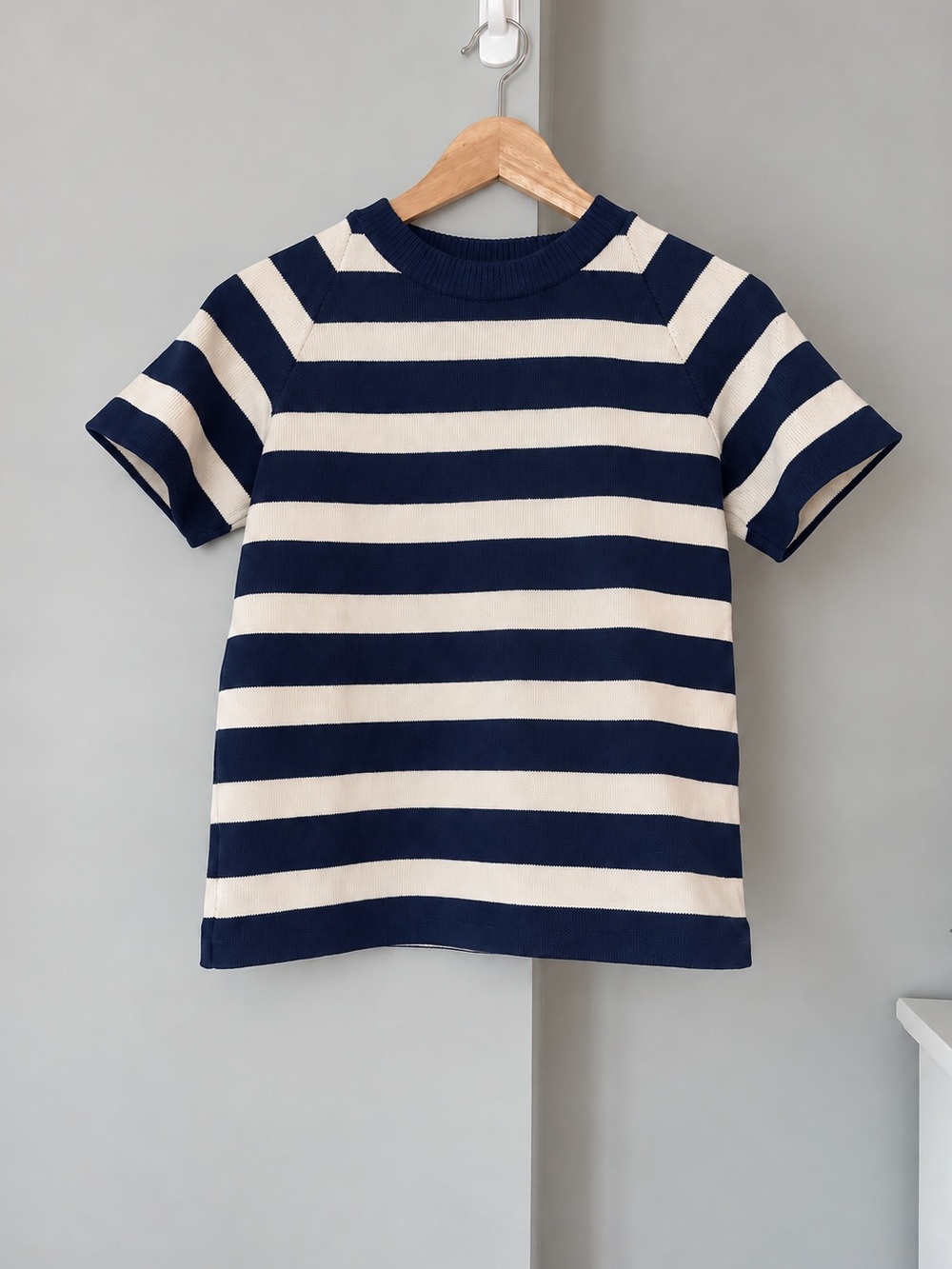 Massimo Dutti Navy Ecru Wide Stripe Cotton Knit Short Sleeve Top Size S - Picture 3 of 6
